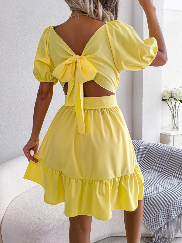 Mini Dresses- Flirty Square Neck Ruffle Backless Mini Dress: Casual Elegance- - Pekosa Women Clothing