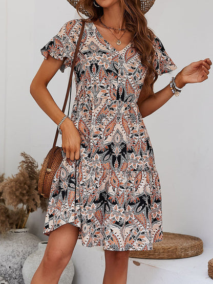 Mini Dresses- Flowy Paisley Mini Dress: V Neck, High Waist, Short Sleeves- - Pekosa Women Clothing