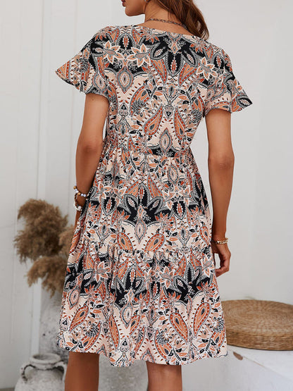 Mini Dresses- Flowy Paisley Mini Dress: V Neck, High Waist, Short Sleeves- - Pekosa Women Clothing