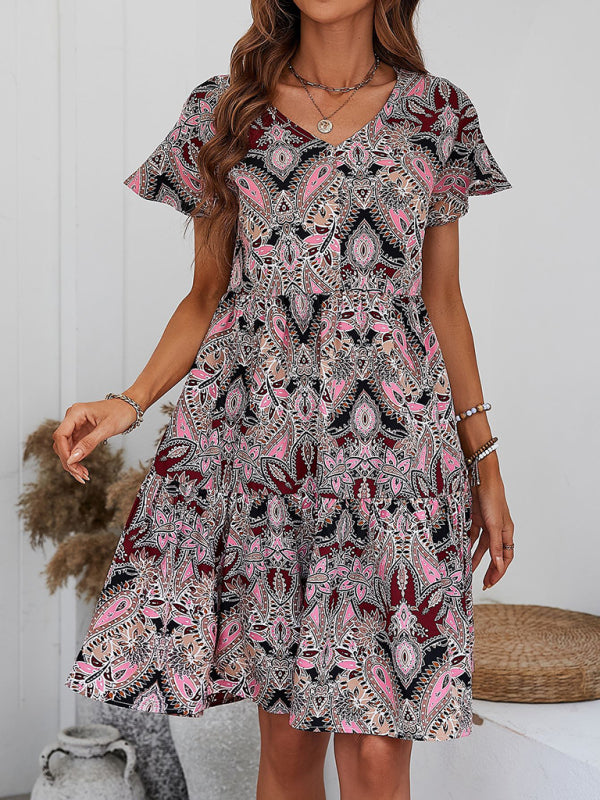 Mini Dresses- Flowy Paisley Mini Dress: V Neck, High Waist, Short Sleeves- - Pekosa Women Clothing
