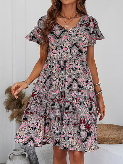 Mini Dresses- Flowy Paisley Mini Dress: V Neck, High Waist, Short Sleeves- - Pekosa Women Clothing