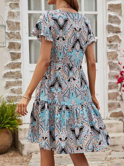 Mini Dresses- Flowy Paisley Mini Dress: V Neck, High Waist, Short Sleeves- - Pekosa Women Clothing