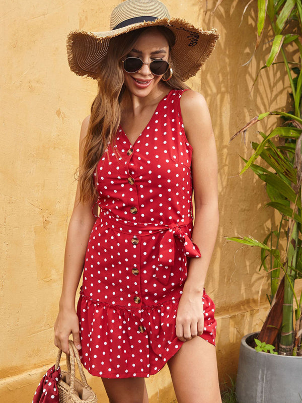 Mini Dresses- Polka Dot Print Cotton Button V-Neck Tank Dress- - Pekosa Women Clothing