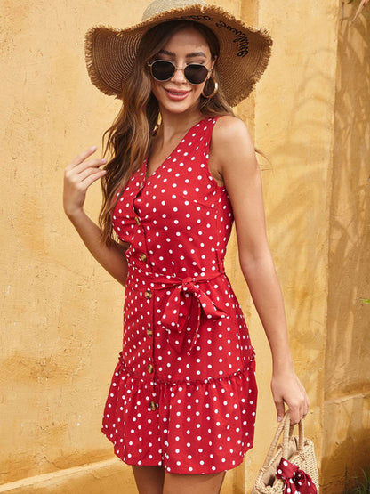 Mini Dresses- Polka Dot Print Cotton Button V-Neck Tank Dress- - Pekosa Women Clothing