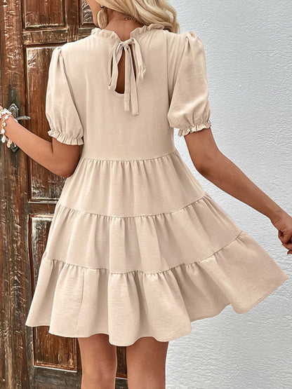 Mini Dresses- Stand Collar Mini Dress: Tiered Ruffles, Convenient Pockets Side- - Pekosa Women Clothing
