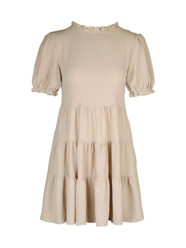 Mini Dresses- Stand Collar Mini Dress: Tiered Ruffles, Convenient Pockets Side- - Pekosa Women Clothing