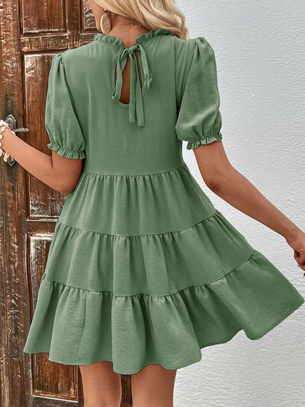 Mini Dresses- Stand Collar Mini Dress: Tiered Ruffles, Convenient Pockets Side- - Pekosa Women Clothing