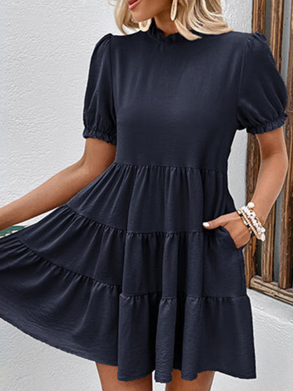 Mini Dresses- Stand Collar Mini Dress: Tiered Ruffles, Convenient Pockets Side- - Pekosa Women Clothing