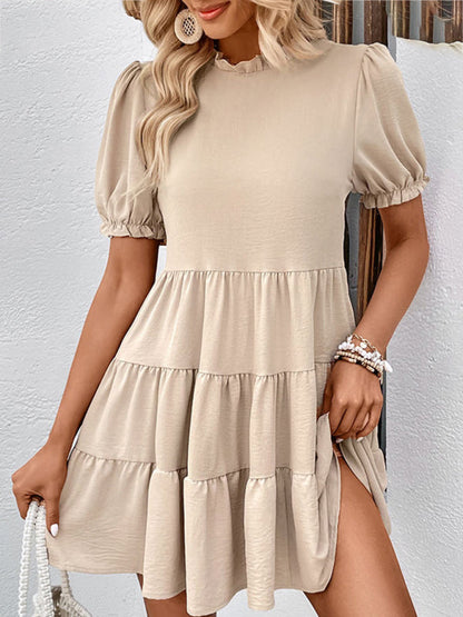 Mini Dresses- Stand Collar Mini Dress: Tiered Ruffles, Convenient Pockets Side- - Pekosa Women Clothing