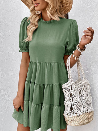 Mini Dresses- Stand Collar Mini Dress: Tiered Ruffles, Convenient Pockets Side- Green- Pekosa Women Clothing