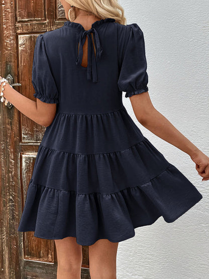 Mini Dresses- Stand Collar Mini Dress: Tiered Ruffles, Convenient Pockets Side- - Pekosa Women Clothing