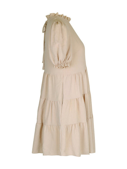 Mini Dresses- Stand Collar Mini Dress: Tiered Ruffles, Convenient Pockets Side- - Pekosa Women Clothing
