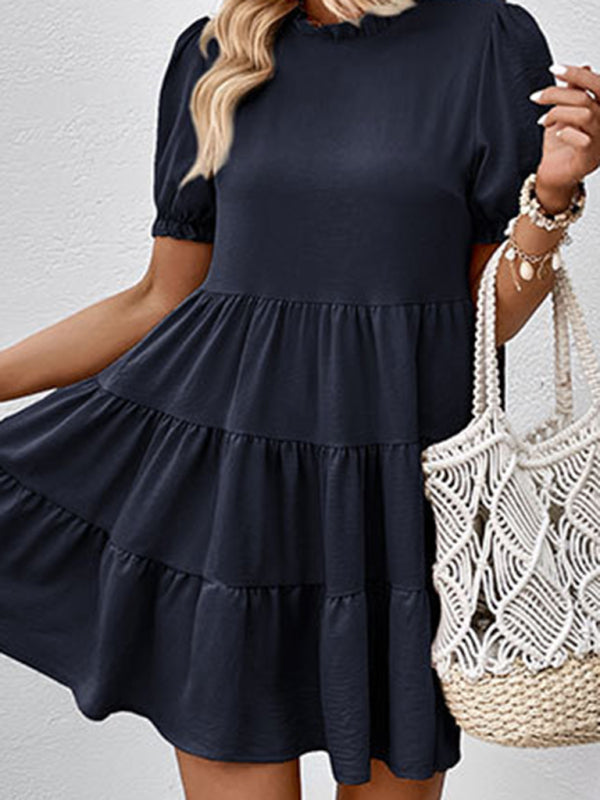 Mini Dresses- Stand Collar Mini Dress: Tiered Ruffles, Convenient Pockets Side- Purplish blue navy- Pekosa Women Clothing