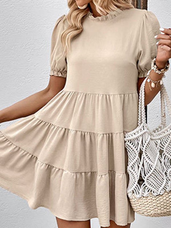 Mini Dresses- Stand Collar Mini Dress: Tiered Ruffles, Convenient Pockets Side- - Pekosa Women Clothing
