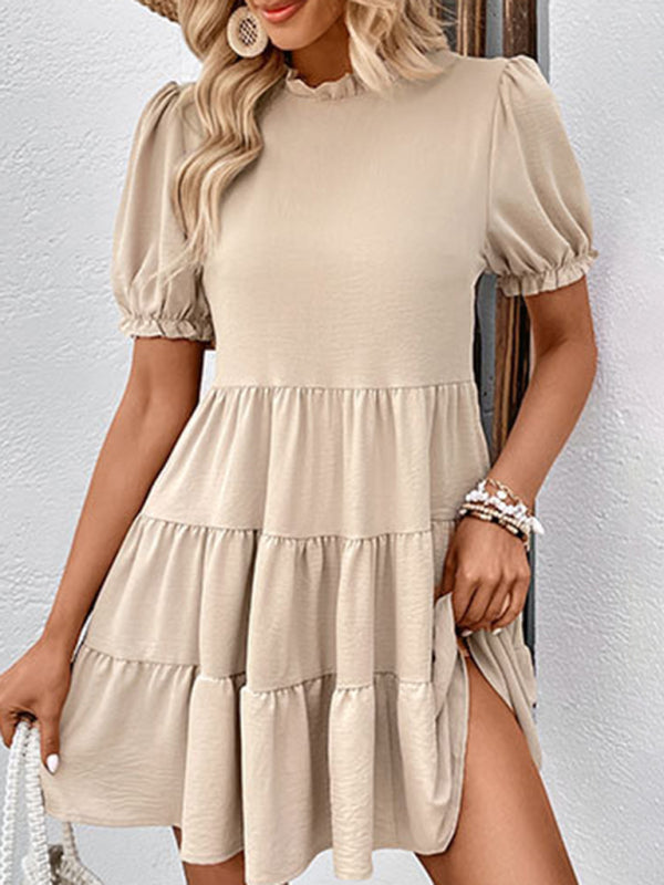 Mini Dresses- Stand Collar Mini Dress: Tiered Ruffles, Convenient Pockets Side- - Pekosa Women Clothing