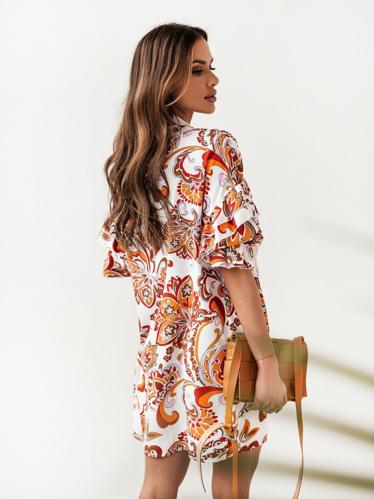 Mini Dresses- Women's Floral Print Pleated Shirt Mini Dress with Half Ruffle Sleeves- - Pekosa Women Clothing