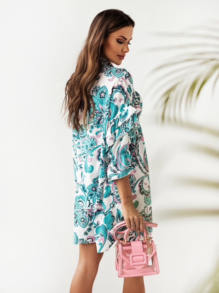 Mini Dresses- Women's Floral Print Pleated Shirt Mini Dress with Half Ruffle Sleeves- - Pekosa Women Clothing