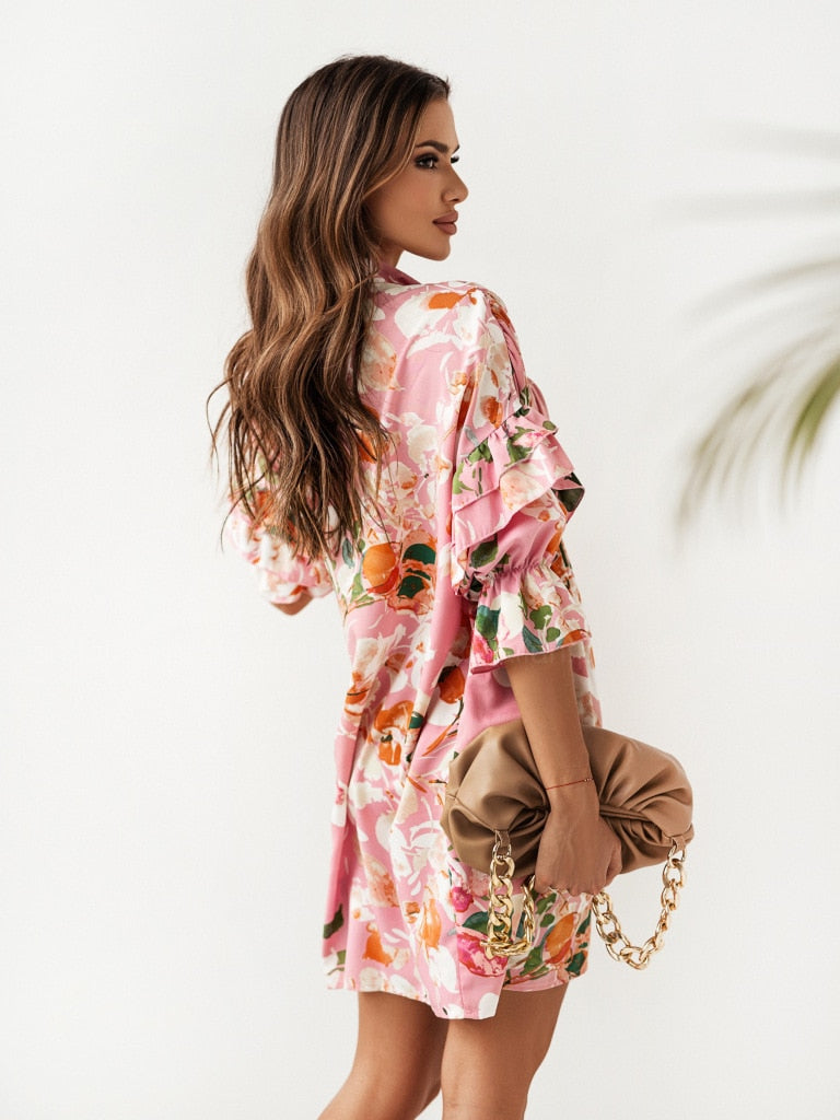 Mini Dresses- Women's Floral Print Pleated Shirt Mini Dress with Half Ruffle Sleeves- - Pekosa Women Clothing