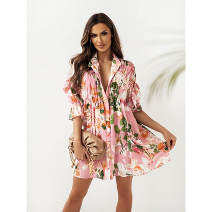 Mini Dresses- Women's Floral Print Pleated Shirt Mini Dress with Half Ruffle Sleeves- Pink- Pekosa Women Clothing