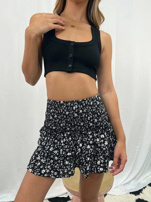 Mini Skirts- Women's Layered Mini Skirt in Floral Print with Smocked Waist- Dark Gray- Pekosa Women Fashion