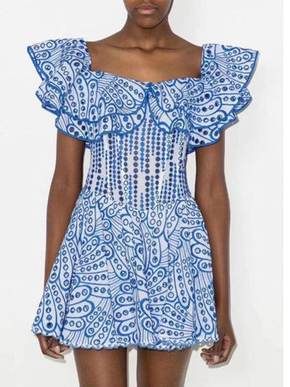 Mini dresses- Women's Trendy Corset Mini Dress with Off Shoulder & Shirred Back- Blue- Pekosa Women Clothing