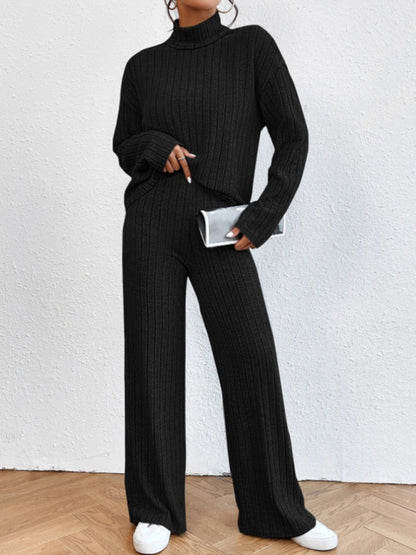 Outfit Set- Casual Loungewear Ribbed Knit Pants & High Neck Sweater for Casual Hangouts- Black- Pekosa Women Clothing