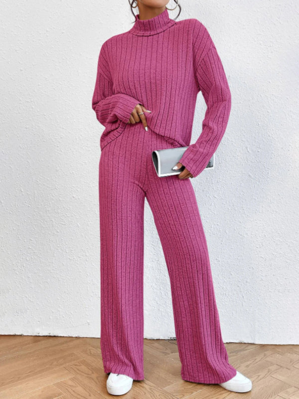 Outfit Set- Casual Loungewear Ribbed Knit Pants & High Neck Sweater for Casual Hangouts- Rose- Pekosa Women Clothing