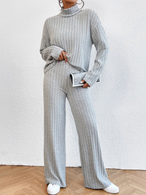 Outfit Set- Casual Loungewear Ribbed Knit Pants & High Neck Sweater for Casual Hangouts- - Pekosa Women Clothing