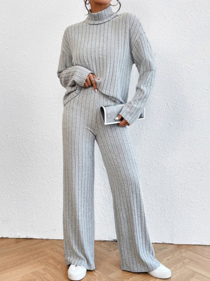 Outfit Set- Casual Loungewear Ribbed Knit Pants & High Neck Sweater for Casual Hangouts- - Pekosa Women Clothing