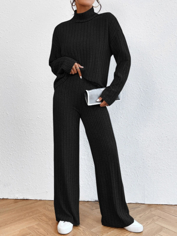 Outfit Set- Casual Loungewear Ribbed Knit Pants & High Neck Sweater for Casual Hangouts- - Pekosa Women Clothing