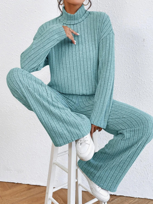 Outfit Set- Casual Loungewear Ribbed Knit Pants & High Neck Sweater for Casual Hangouts- - Pekosa Women Clothing