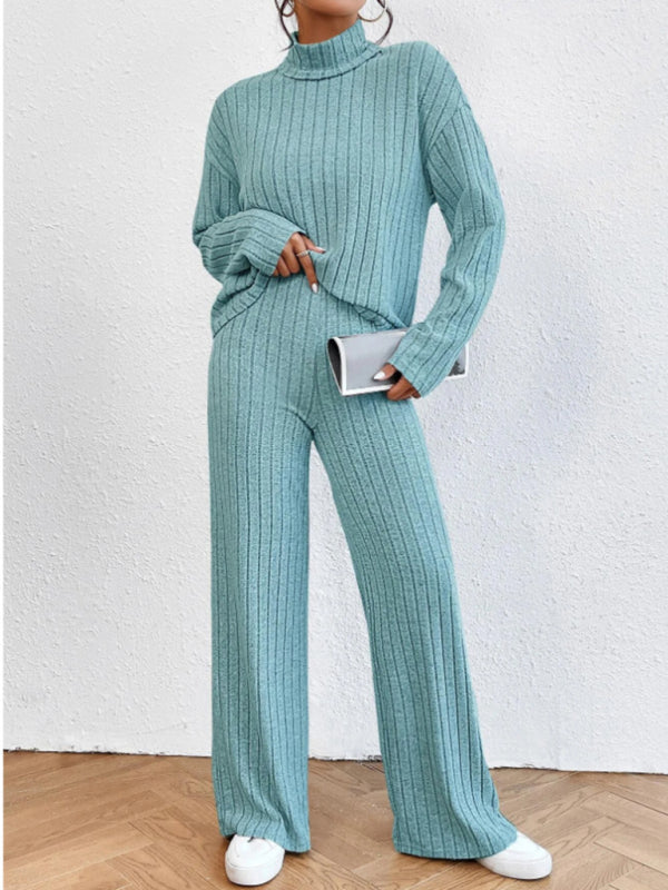 Outfit Set- Casual Loungewear Ribbed Knit Pants & High Neck Sweater for Casual Hangouts- - Pekosa Women Clothing