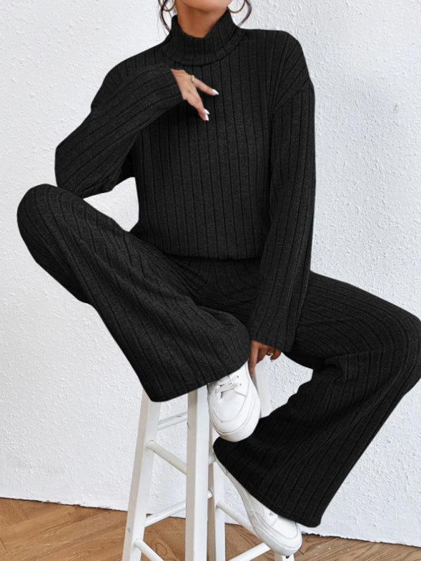 Outfit Set- Casual Loungewear Ribbed Knit Pants & High Neck Sweater for Casual Hangouts- - Pekosa Women Clothing