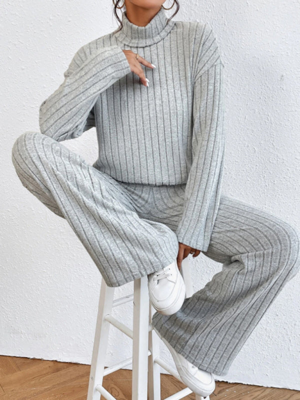 Outfit Set- Casual Loungewear Ribbed Knit Pants & High Neck Sweater for Casual Hangouts- - Pekosa Women Clothing