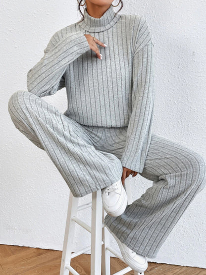 Outfit Set- Casual Loungewear Ribbed Knit Pants & High Neck Sweater for Casual Hangouts- - Pekosa Women Clothing