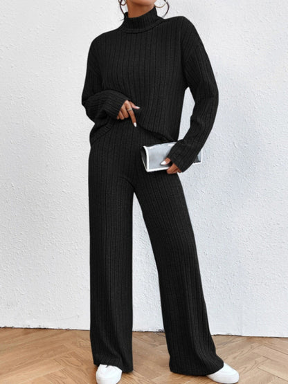 Outfit Set- Casual Loungewear Ribbed Knit Pants & High Neck Sweater for Casual Hangouts- - Pekosa Women Clothing