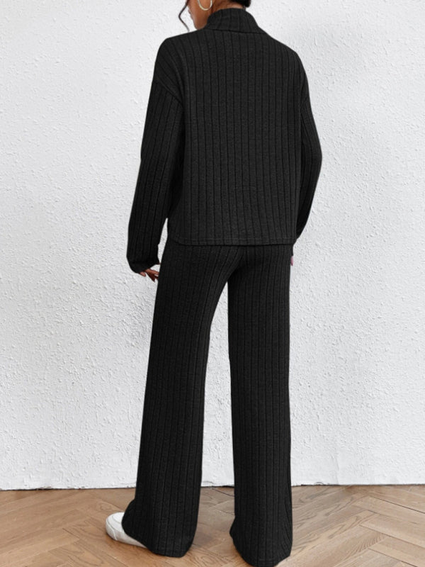Outfit Set- Casual Loungewear Ribbed Knit Pants & High Neck Sweater for Casual Hangouts- - Pekosa Women Clothing