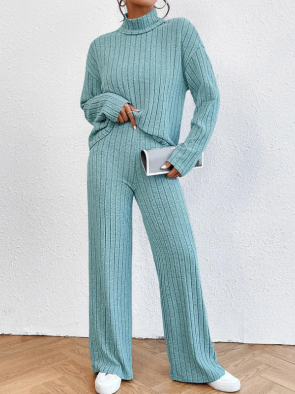 Outfit Set- Casual Loungewear Ribbed Knit Pants & High Neck Sweater for Casual Hangouts- - Pekosa Women Clothing