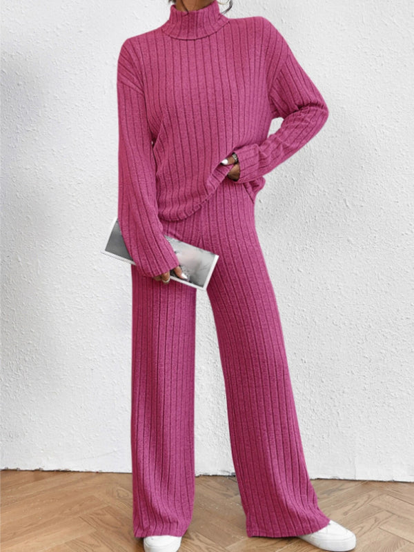 Outfit Set- Casual Loungewear Ribbed Knit Pants & High Neck Sweater for Casual Hangouts- - Pekosa Women Clothing
