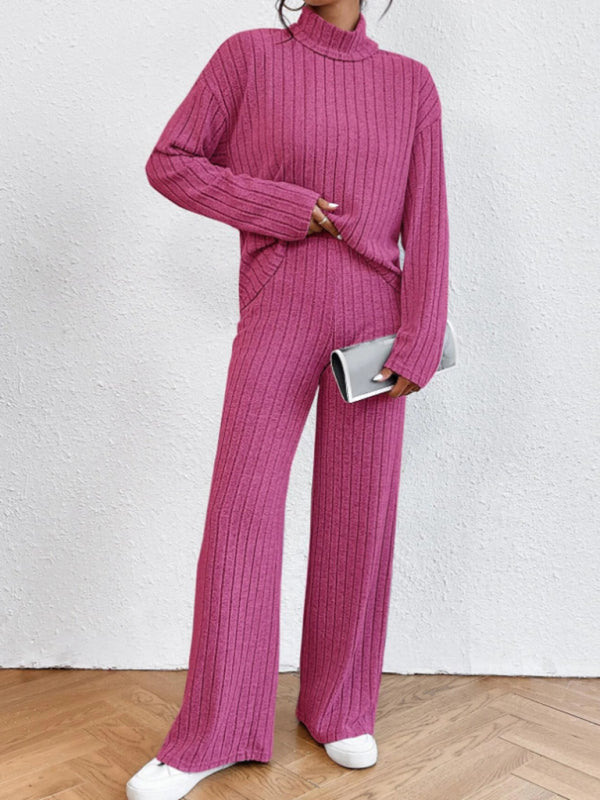 Outfit Set- Casual Loungewear Ribbed Knit Pants & High Neck Sweater for Casual Hangouts- - Pekosa Women Clothing