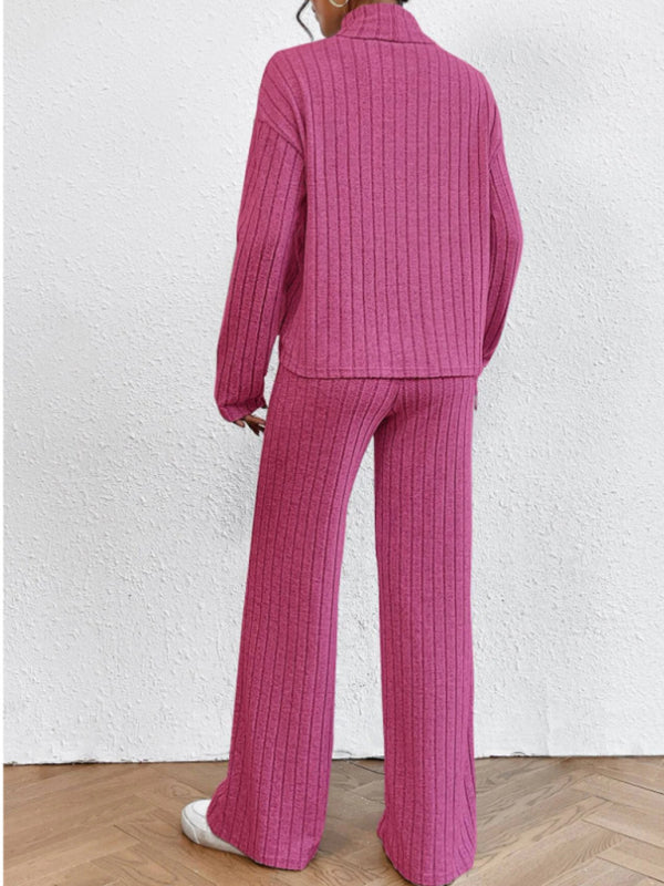 Outfit Set- Casual Loungewear Ribbed Knit Pants & High Neck Sweater for Casual Hangouts- - Pekosa Women Clothing