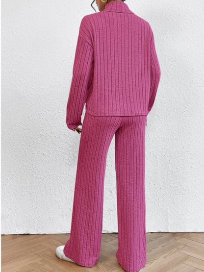 Outfit Set- Casual Loungewear Ribbed Knit Pants & High Neck Sweater for Casual Hangouts- - Pekosa Women Clothing