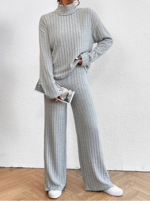 Outfit Set- Casual Loungewear Ribbed Knit Pants & High Neck Sweater for Casual Hangouts- Grey- Pekosa Women Clothing