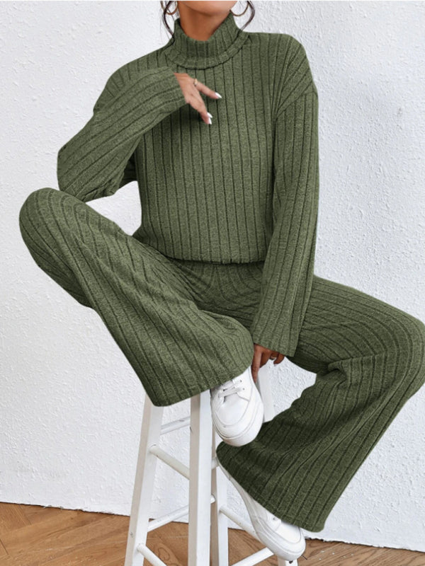 Outfit Set- Casual Loungewear Ribbed Knit Pants & High Neck Sweater for Casual Hangouts- - Pekosa Women Clothing