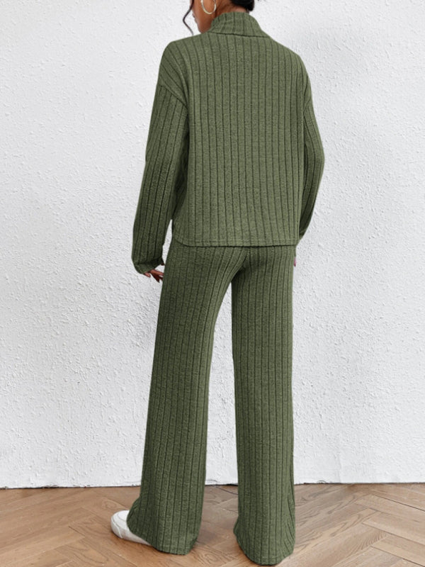 Outfit Set- Casual Loungewear Ribbed Knit Pants & High Neck Sweater for Casual Hangouts- - Pekosa Women Clothing