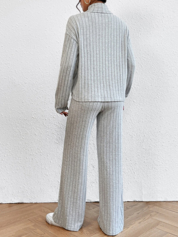 Outfit Set- Casual Loungewear Ribbed Knit Pants & High Neck Sweater for Casual Hangouts- - Pekosa Women Clothing