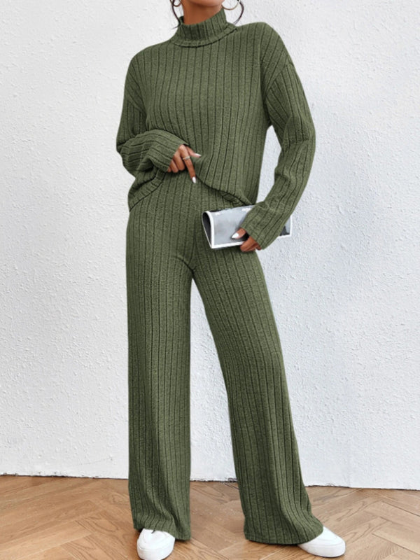 Outfit Set- Casual Loungewear Ribbed Knit Pants & High Neck Sweater for Casual Hangouts- Green- Pekosa Women Clothing