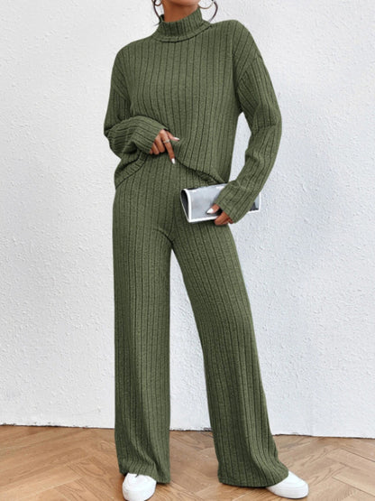 Outfit Set- Casual Loungewear Ribbed Knit Pants & High Neck Sweater for Casual Hangouts- Green- Pekosa Women Clothing