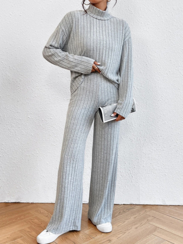 Outfit Set- Casual Loungewear Ribbed Knit Pants & High Neck Sweater for Casual Hangouts- - Pekosa Women Clothing