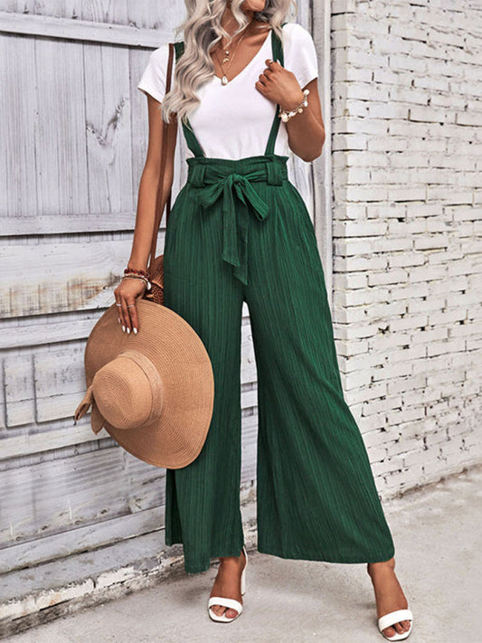 Overalls- Women's Ribbed Wide-Leg Bowknot Jumpsuit Overalls- Green black jasper- Pekosa Women Fashion